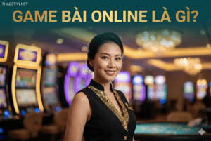 Hình ảnh người phụ nữ chơi game bài online tại casino, giới thiệu trò chơi dân gian đổi thưởng hấp d.